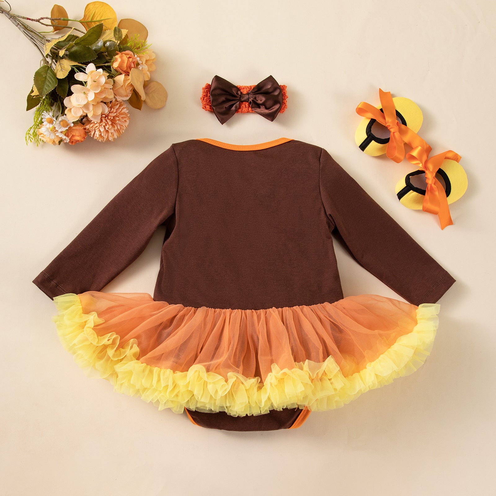 Thanksgiving Baby Girl Outfit Long Sleeve Romper Dress Shoes Hair Accessories Set Infant Festival Party Wear