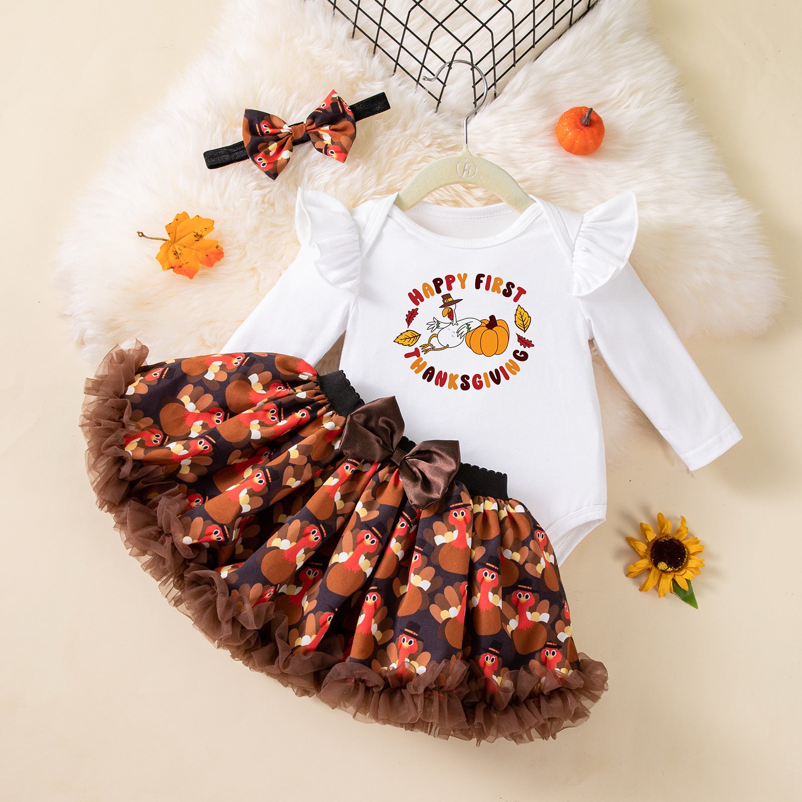 Children's Clothing Thanksgiving Girls Baby Dress Set Cartoon Turkey Long Sleeve Romper Skirt Hair Accessories