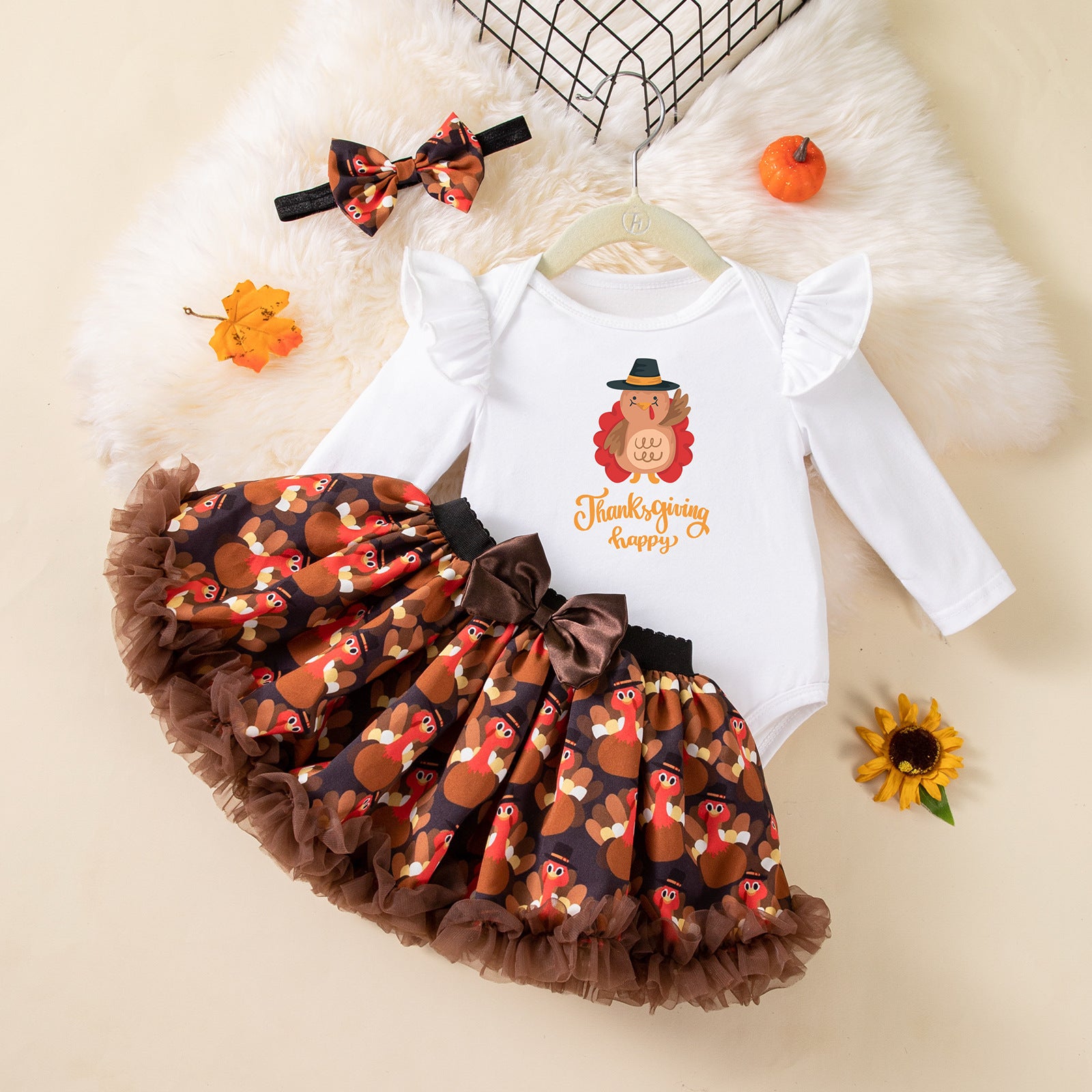 Children's Clothing Thanksgiving Girls Baby Dress Set Cartoon Turkey Long Sleeve Romper Skirt Hair Accessories