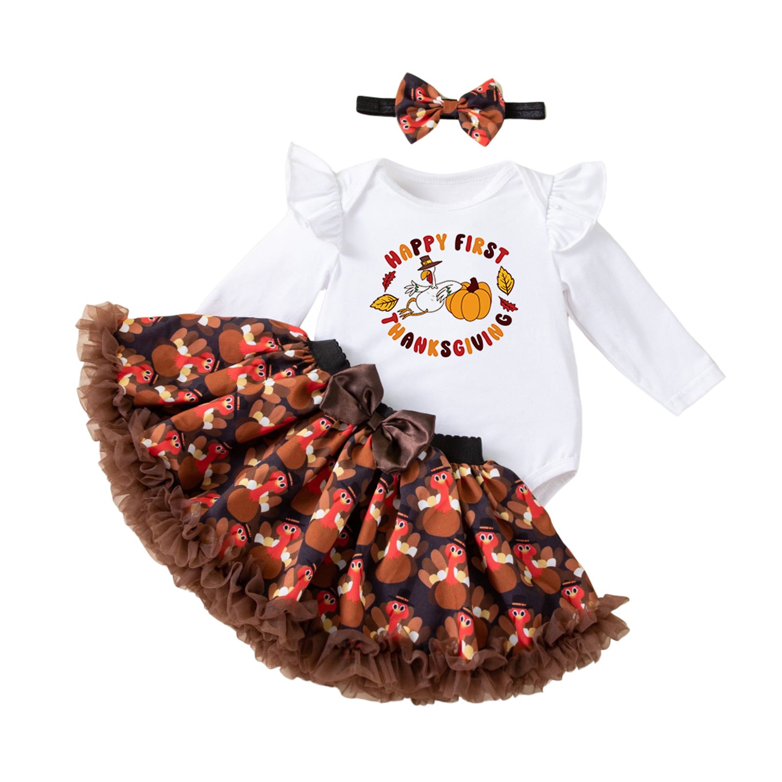 Children's Clothing Thanksgiving Girls Baby Dress Set Cartoon Turkey Long Sleeve Romper Skirt Hair Accessories