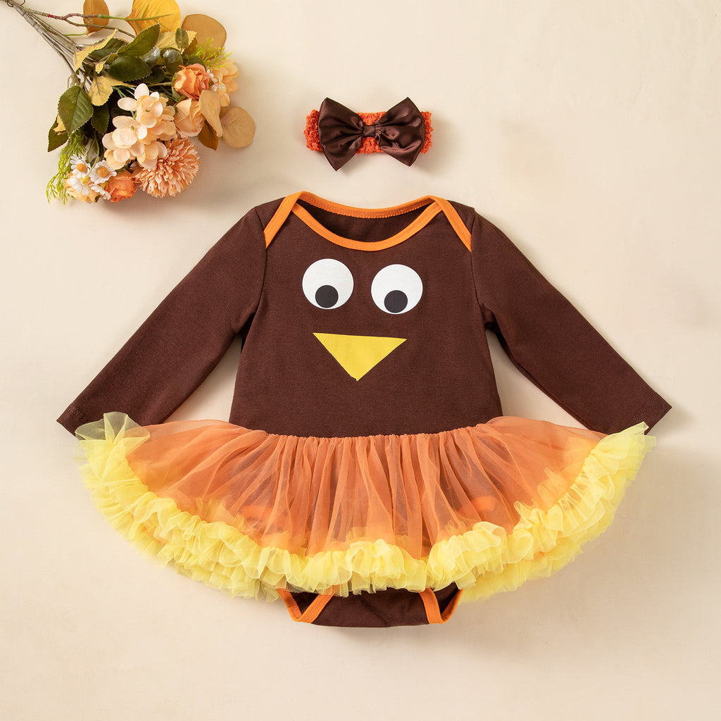 Thanksgiving Baby Girl Outfit Long Sleeve Romper Dress Shoes Hair Accessories Set Infant Festival Party Wear