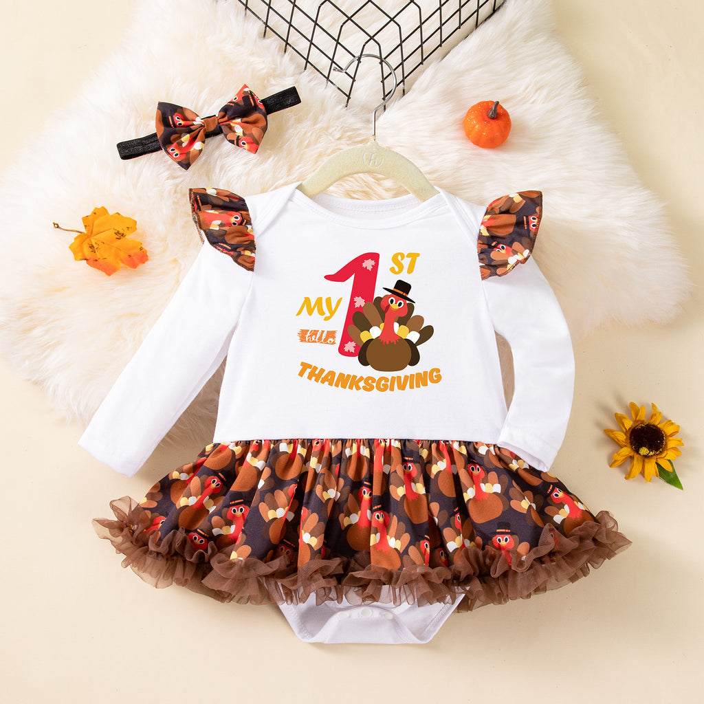 Cute Turkey Print Long Sleeve Baby Romper Dress with Accessories Set for Kids Thanksgiving Outfit