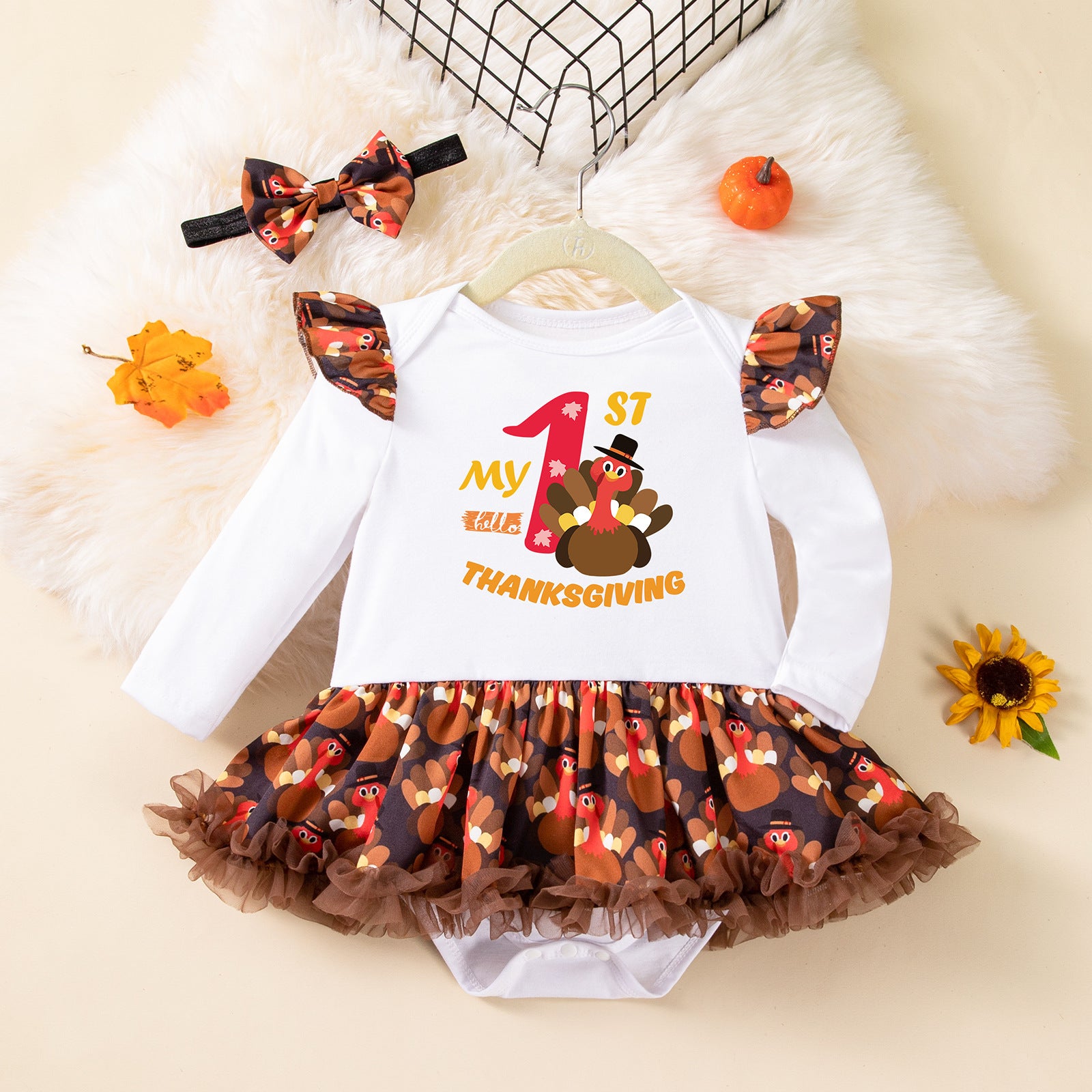 Cute Turkey Print Long Sleeve Baby Romper Dress with Accessories Set for Kids Thanksgiving Outfit
