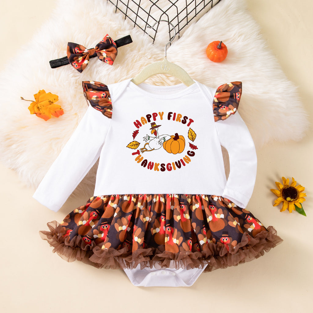 Cute Turkey Print Long Sleeve Baby Romper Dress with Accessories Set for Kids Thanksgiving Outfit