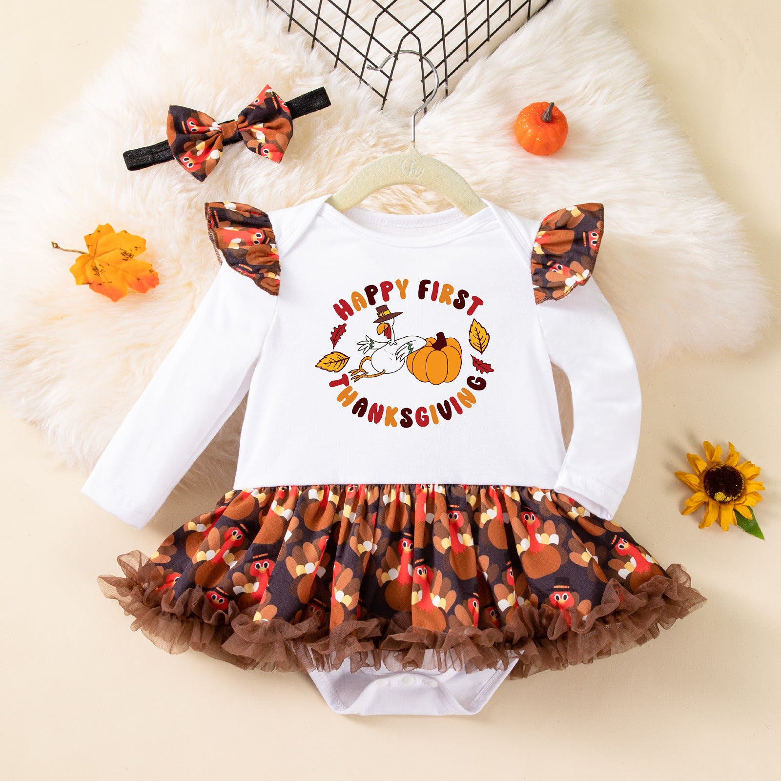 Cute Turkey Print Long Sleeve Baby Romper Dress with Accessories Set for Kids Thanksgiving Outfit