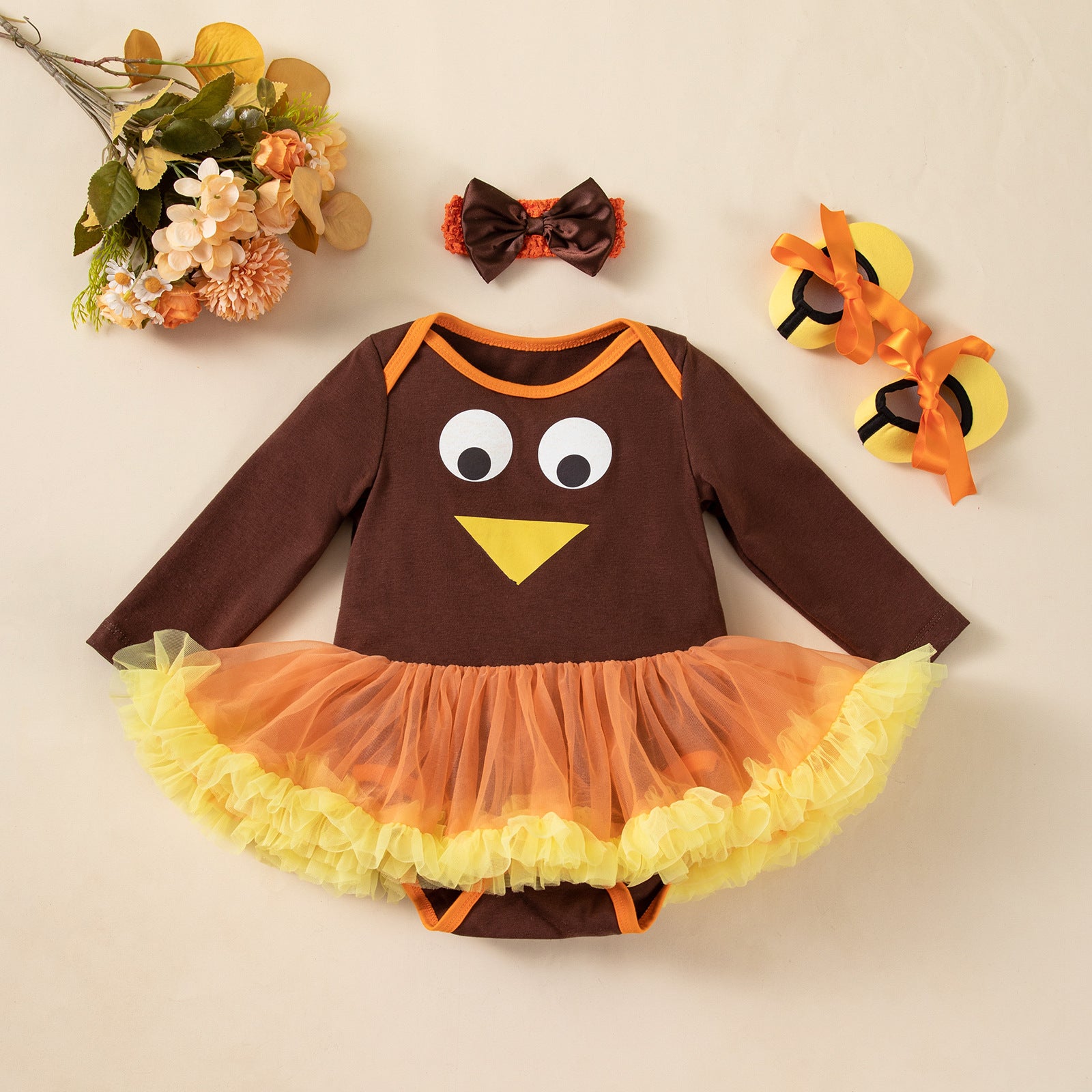 Thanksgiving Baby Girl Outfit Long Sleeve Romper Dress Shoes Hair Accessories Set Infant Festival Party Wear