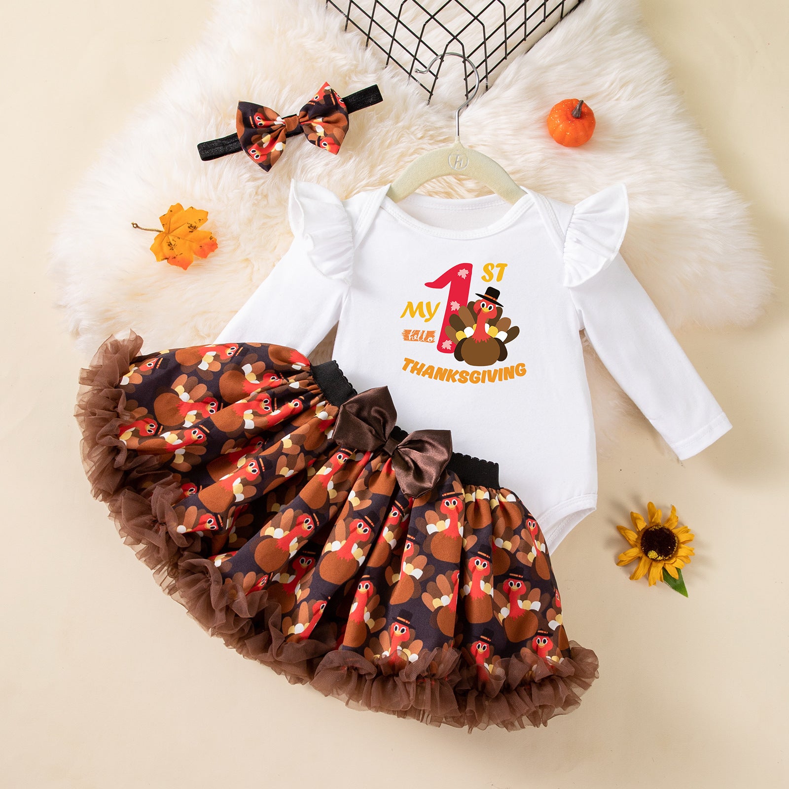 Children's Clothing Thanksgiving Girls Baby Dress Set Cartoon Turkey Long Sleeve Romper Skirt Hair Accessories