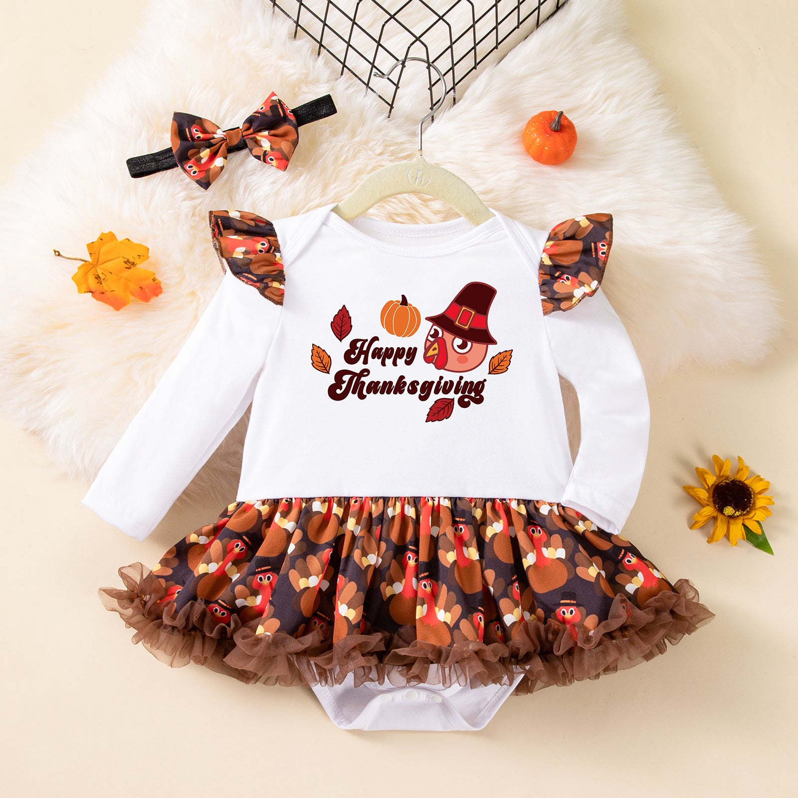 Cute Turkey Print Long Sleeve Baby Romper Dress with Accessories Set for Kids Thanksgiving Outfit
