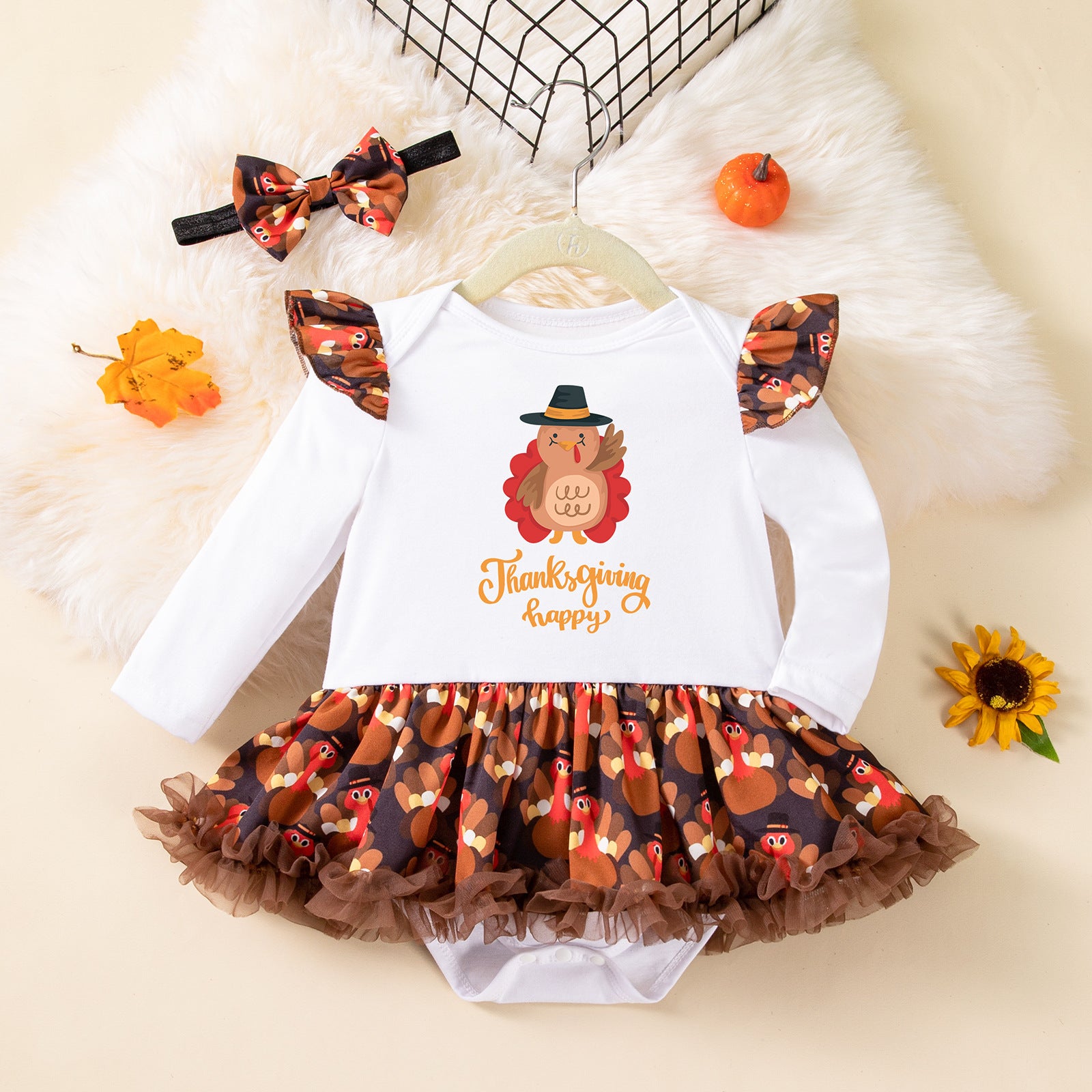Cute Turkey Print Long Sleeve Baby Romper Dress with Accessories Set for Kids Thanksgiving Outfit