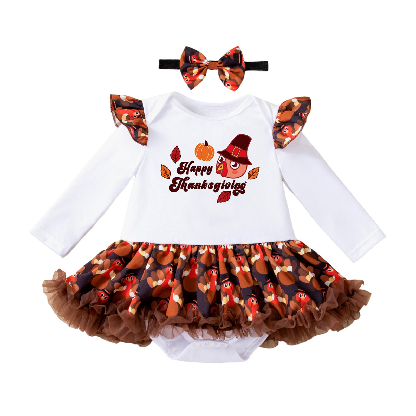 Cute Turkey Print Long Sleeve Baby Romper Dress with Accessories Set for Kids Thanksgiving Outfit