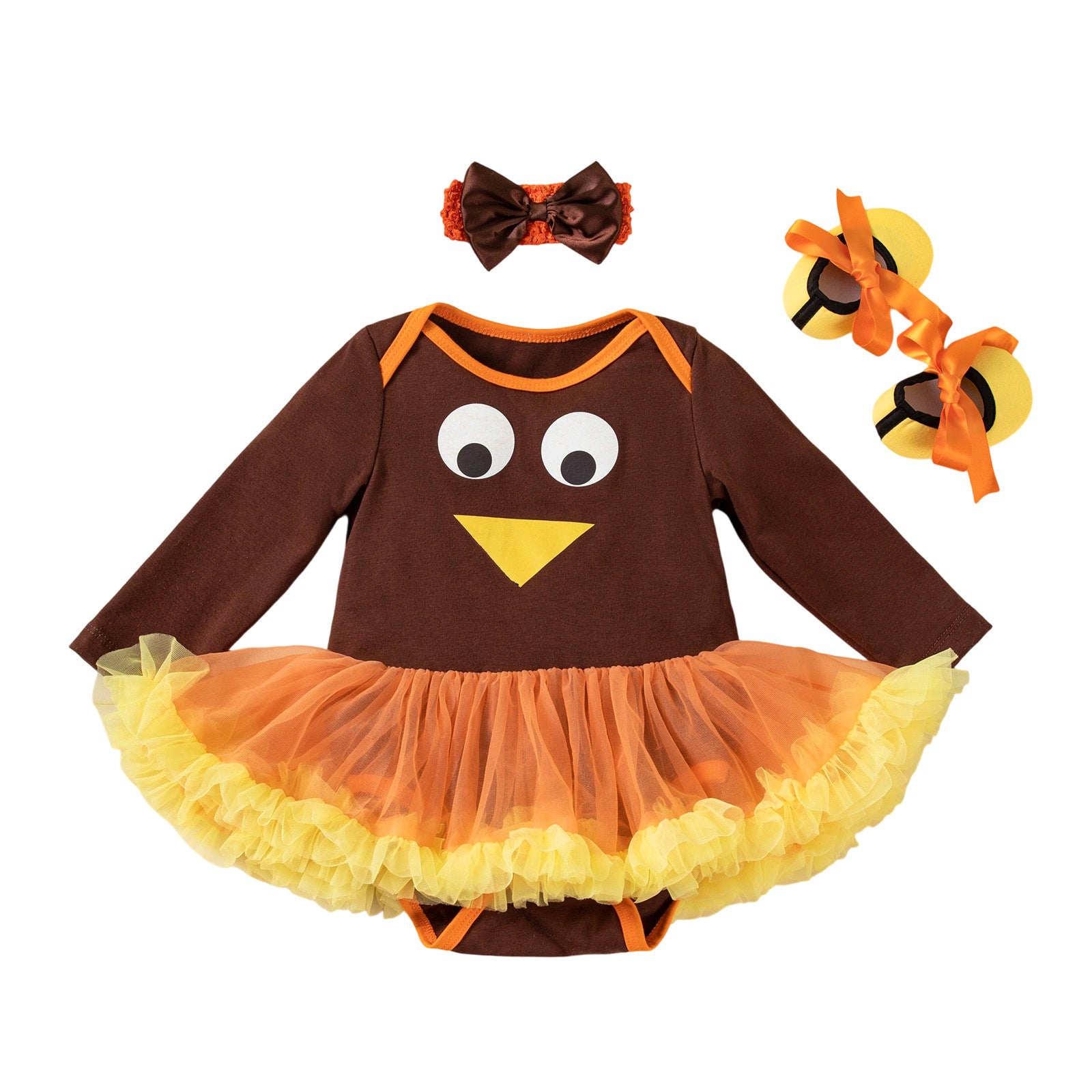Thanksgiving Baby Girl Outfit Long Sleeve Romper Dress Shoes Hair Accessories Set Infant Festival Party Wear