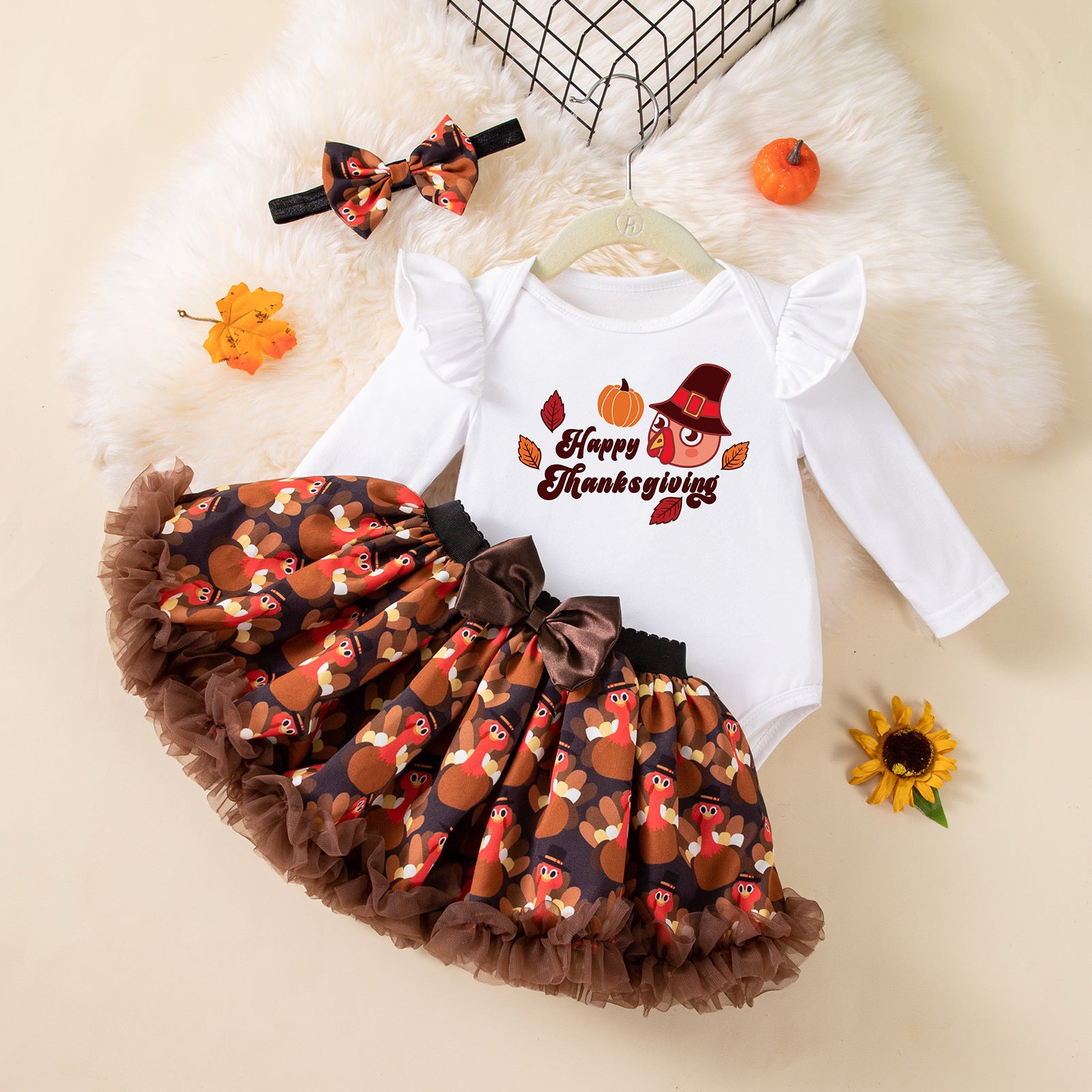 Children's Clothing Thanksgiving Girls Baby Dress Set Cartoon Turkey Long Sleeve Romper Skirt Hair Accessories